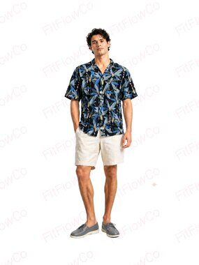 Men’s Tropical Palm Print Shirt XL Black Blue Resort Cotton Button Up NWT